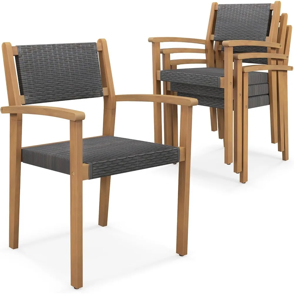 

Stackable Patio Dining Chairs Set of 4, Outdoor Wicker Armchairs with Acacia Wood Frame, All-Weather Resistant Patio Conversati