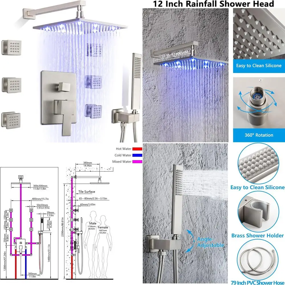 

12-Inch LED Rain Shower System with Body Jets, Wall-Mounted Mixer, and Handheld Shower Included