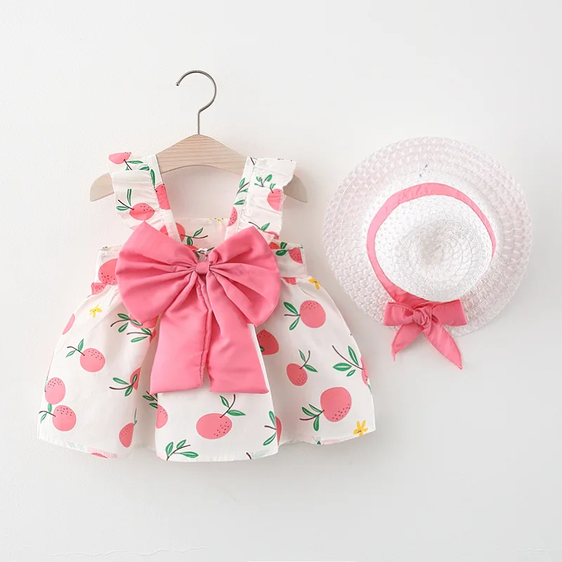 

2 PcsSummer New Full of Fruit Print Big Bow Cotton Skirt Girl's Cotton Skirt Free Straw Hat