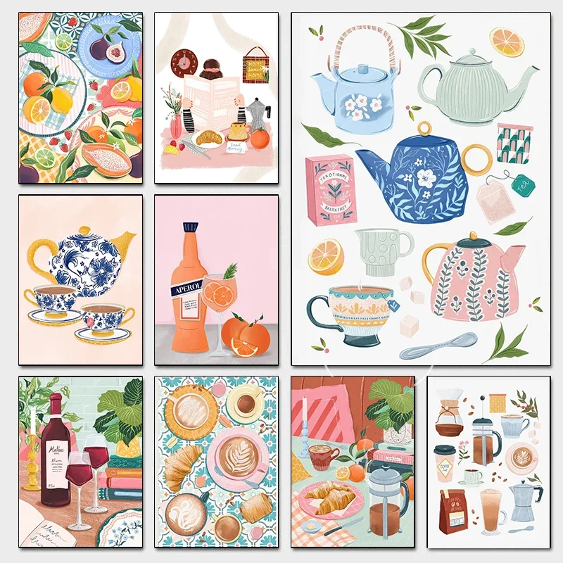 Modern Kitchen Food Wine Posters Delicious Croissant Floral Patterns Teacups Prints Canvas Painting Wall Picture Home Room De
