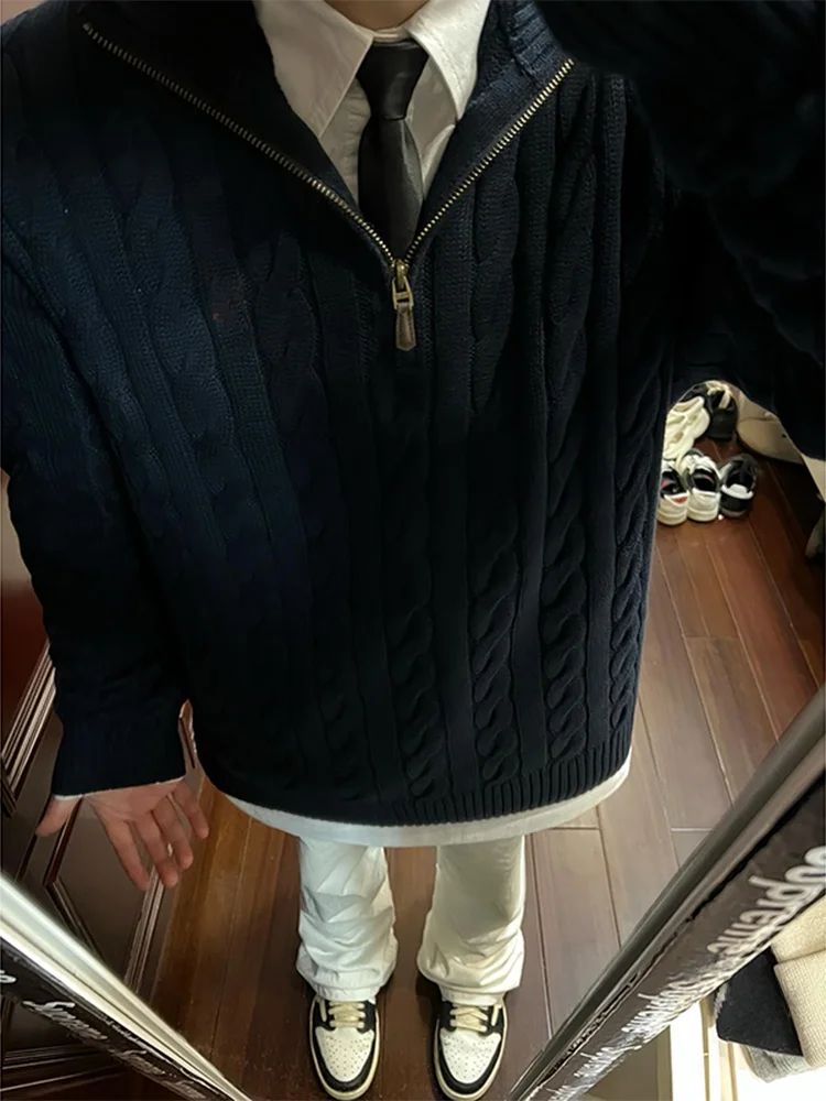 

Мужской свитер с высоким воротником в американском ретро-стиле, на молнии, с внутренней вязкой, свободного кроя, для подростков, повседневный, свободный крой