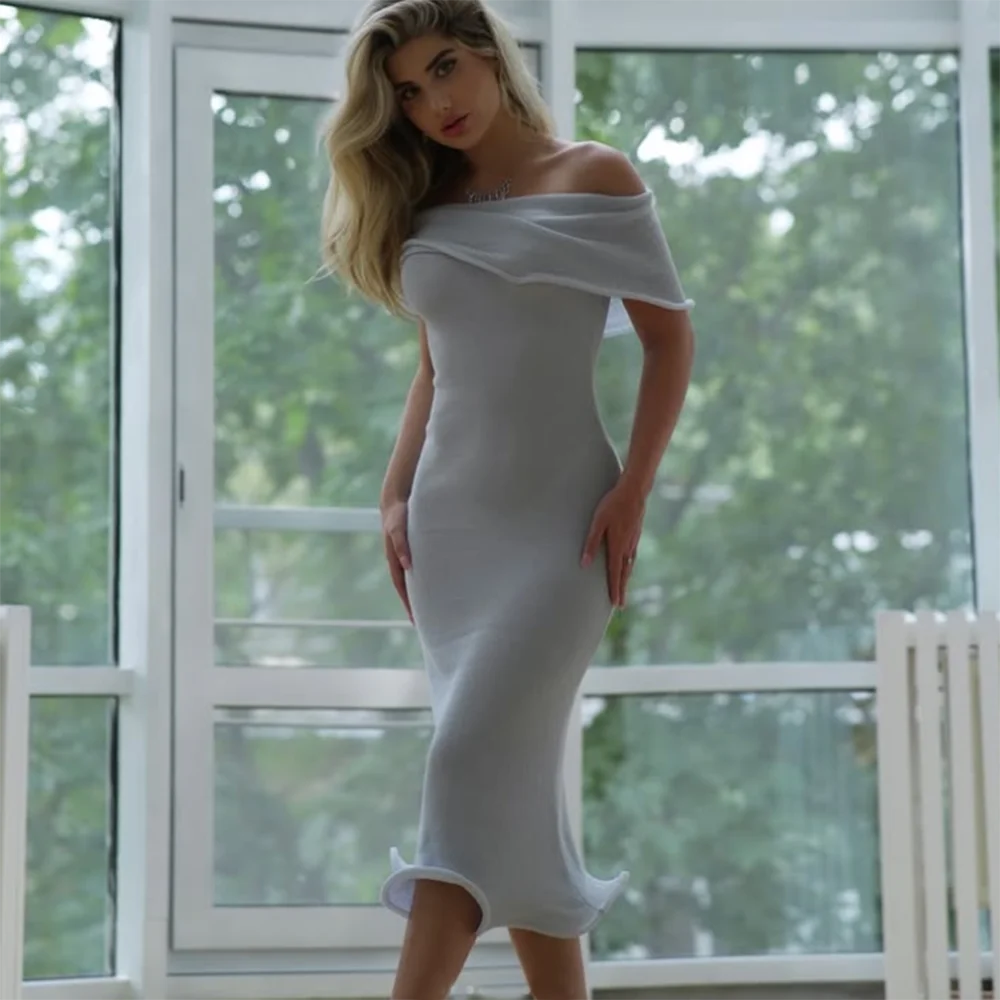 

Customized Tight Fitting Straight Prom Dresses Tea-Length Boat Neck Short Sleeve Evening Dresses Simple Ruched Party Dresses