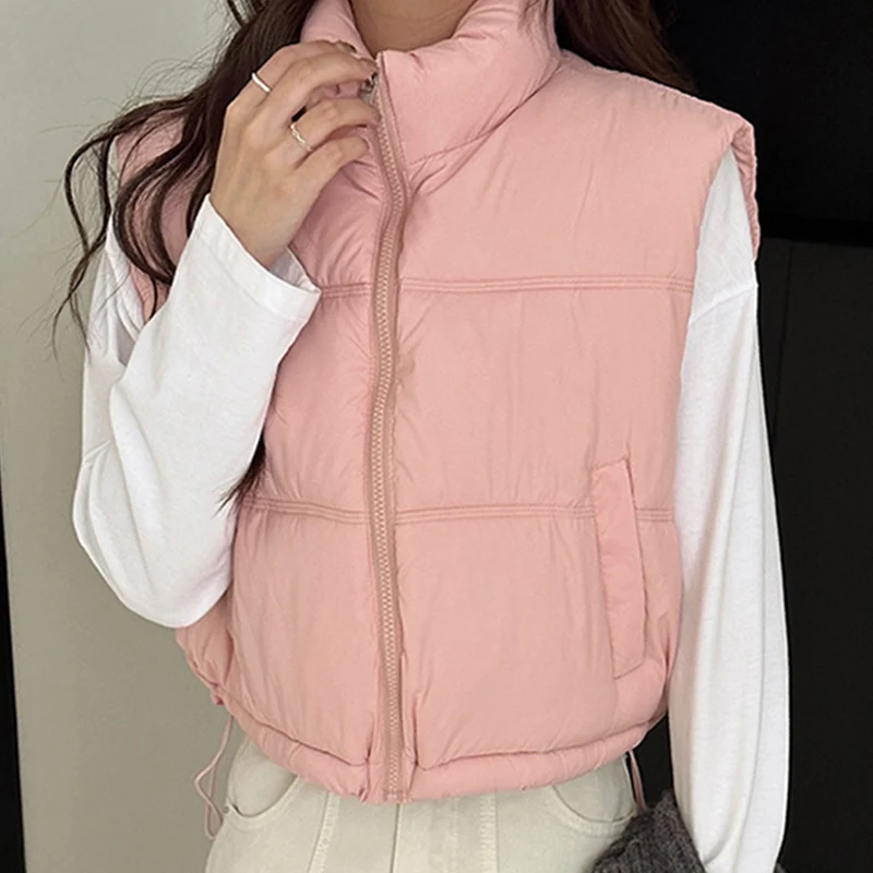 

Stand Up Collar Sleeveless Parkas Women Chic Zipper Up Short Cotton Vest Woman Puffy Thicken Warm Sleeveless Cotton Jacket Mujer