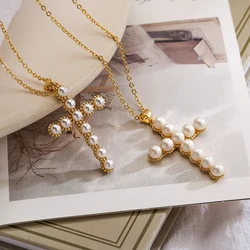 Light Luxury Pearl Cross Pendant Necklaces For Women Girls,Stylish Design Vintage Party Dating Jewelry