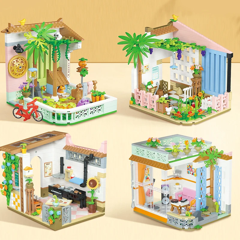 City Street View Ice Cream Truck Food Van Model Building Blocks Shop Sets Coffee House Garden Block Educational Toys for Girls