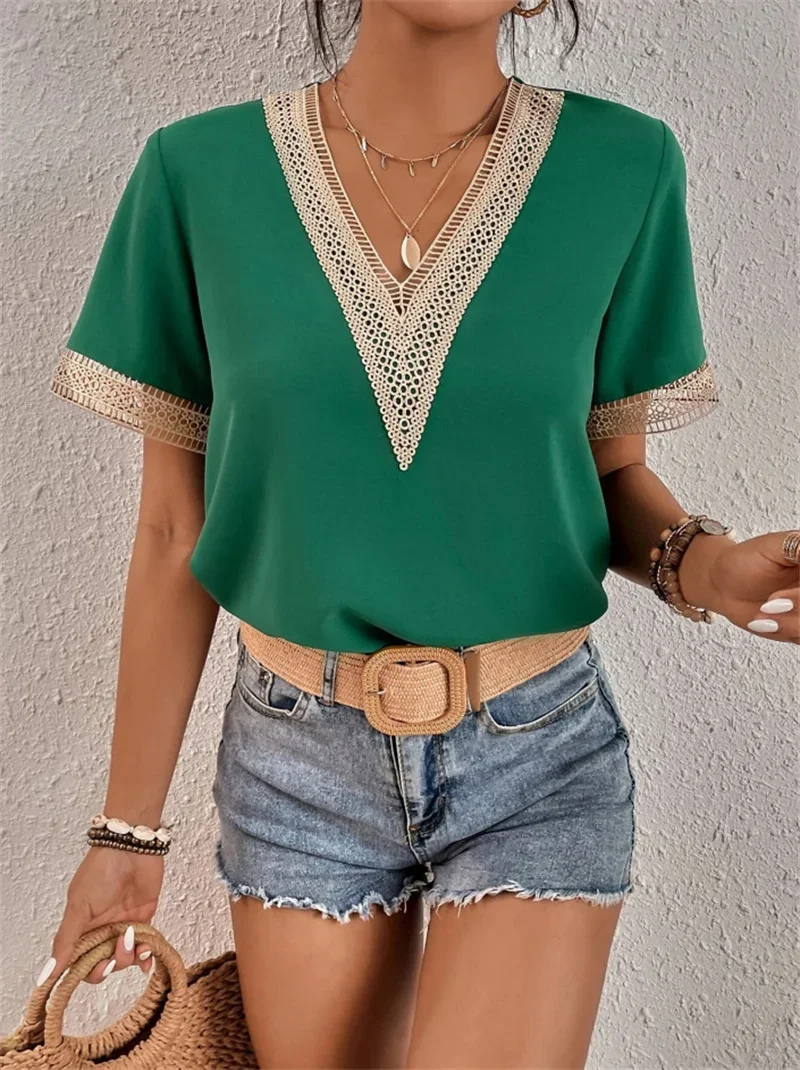 Women\'s V-neck Splicing Lace Blouse Elegant Commuter Loose Short Sleeve Shirt Female 2023 Summer British Style Daily Casual Tops