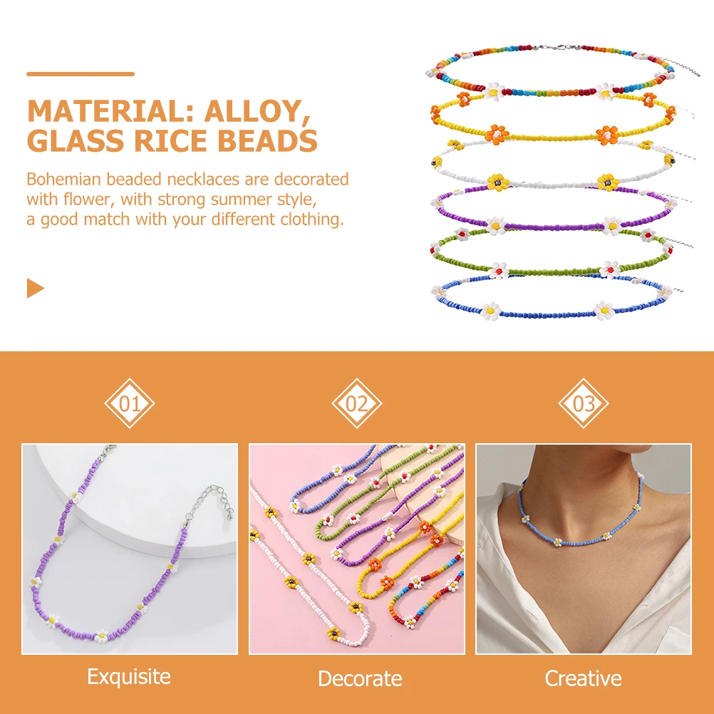 

6 Pcs Flower Beaded Necklaces Women Rice Glass Alloy Summer Beach Necklace Bohemian Choker Trendy Jewelry Gift