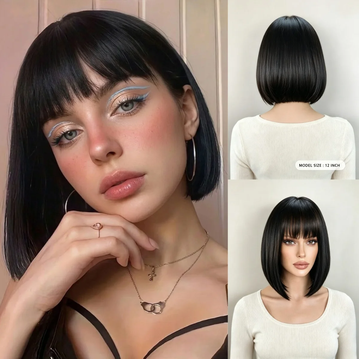 Black Bob Wigs Short Hair Styling Bangs Wigs Heat Resistant Daily Wear Women Wigs Sweet Cute Wigs Prom Party Wigs Natural Hair