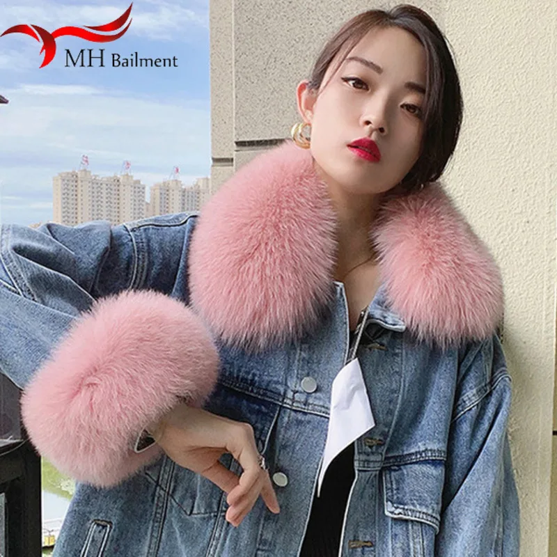 Fox Fur Collar Natural Real Fox Fur Scarves Set Jacket Woman Sleeve Warm Coat Fur Collar And Sleeves Fur Scarf