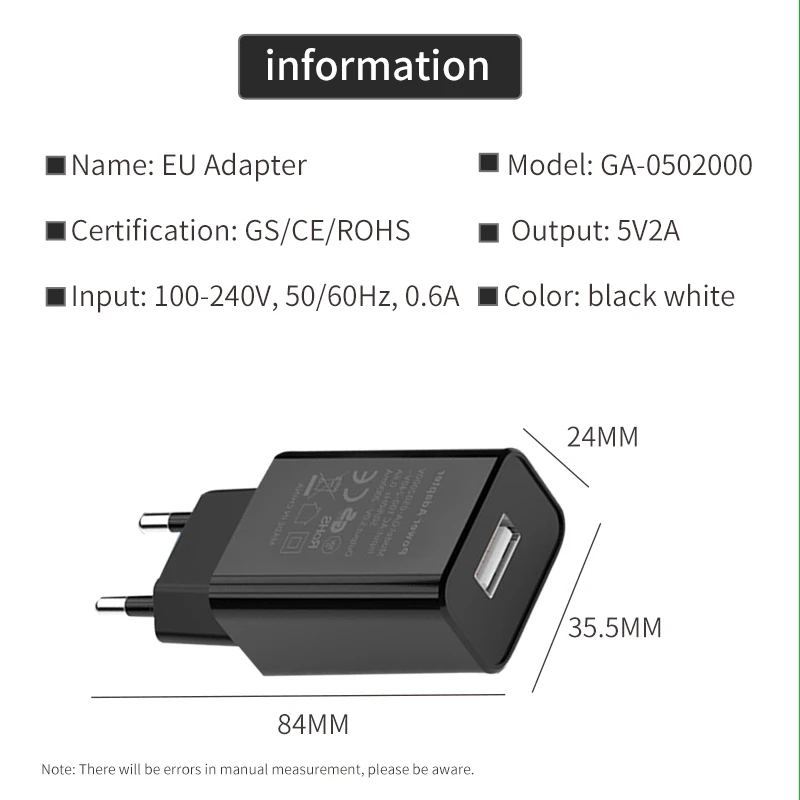 USB Charger 5V2A Mobile Phone Charging European Regulation CE/GS Safety Certification Plug Mini Convenient Travel Power Adapter