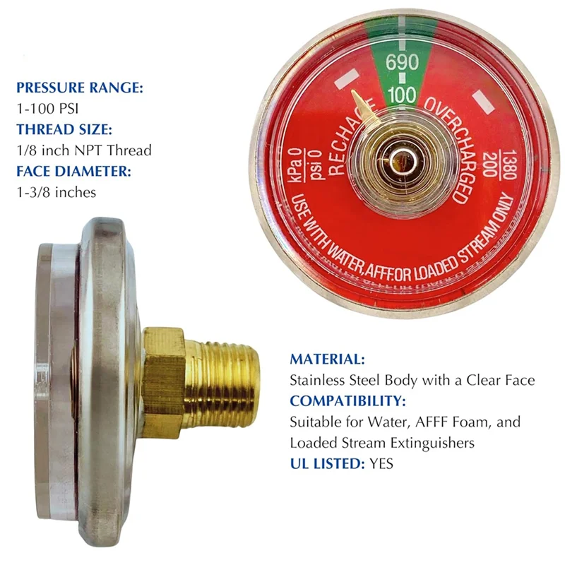 

AT63-Pressure Gauge 1-100PSI 50PCS For Portable Water Fire Extinguishers Fits For Amerex, Ansul 1/8Inch NPT Thread