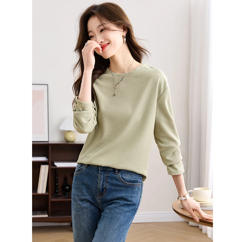 Women's O-Neck Loose T-shirt Long Sleeves Monochromatic Casual Simple Basic All-Match Tops Sweatshirt Autumn 2023