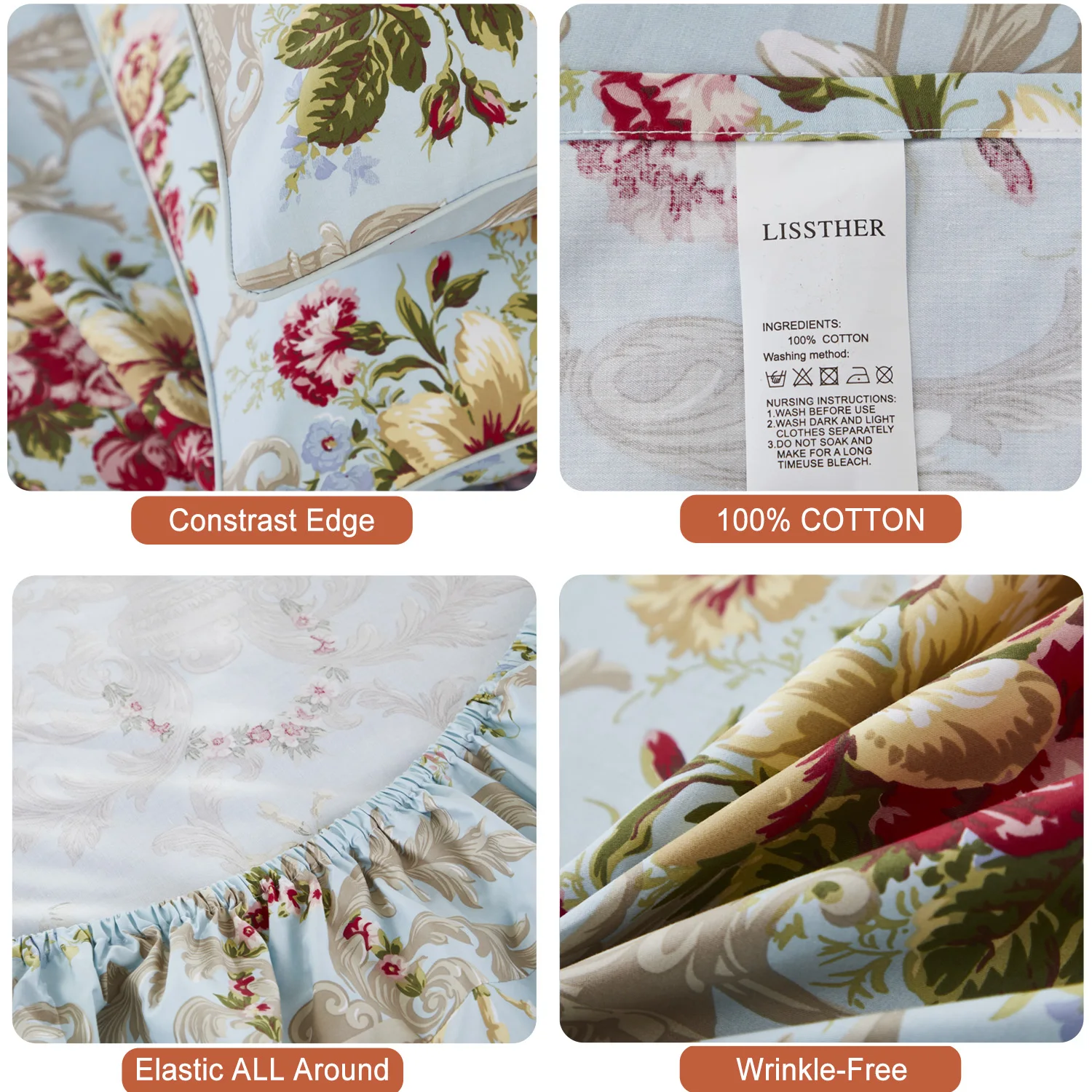 طقم ملاءات مكون من 4 قطع 600 TC 100% قطن (بدون قلب)، وردة حمراء عتيقة باللون الأزرق الفاتح، ناعمة قابلة للتنفس وصديقة للبشرة