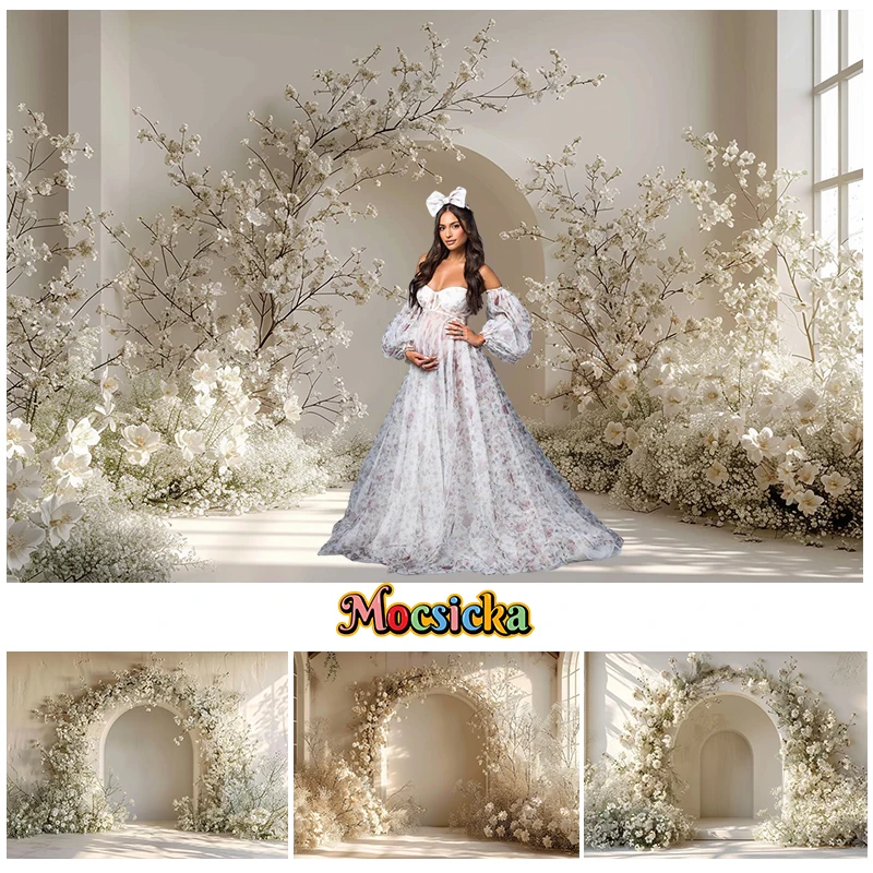 

Mocsicka Photography Background Bohemian White Floral Arch Birthday Wedding Maternity Adult Portrait Decor Backdrop Photo Studio