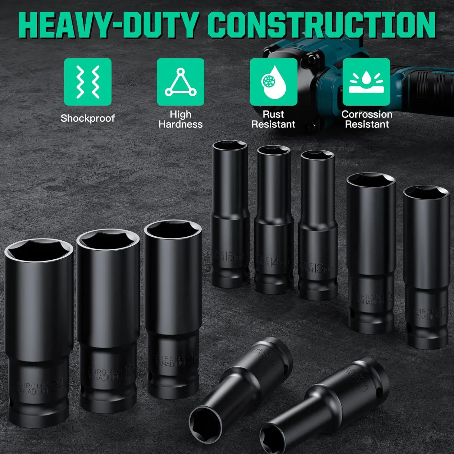 15 Pieces of 1/2 Inch Hex Impact Wrench Sockets(8-32mm), Heavy-duty Socket Set for Automotive Repair