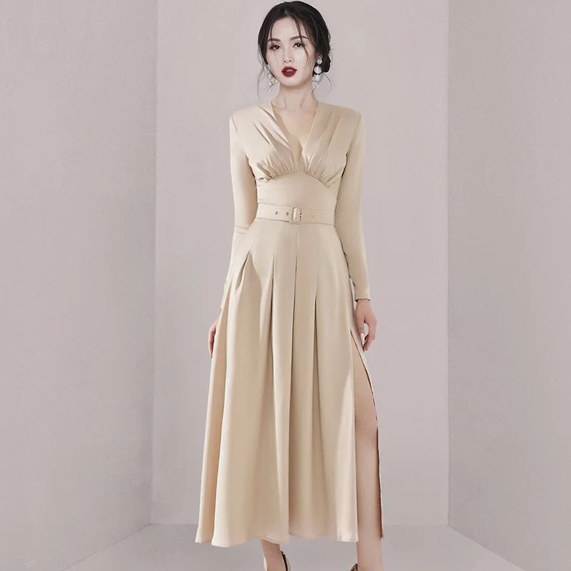 Autumn Elegant V-Neck Dress Women Long Sleeve Slim Fit Vestidos Fashion Work Party Dresses