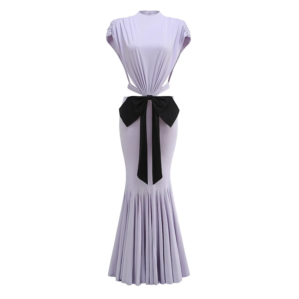 Sexy elegantes rückenfreies Maxikleid mit Schleife und Schnürung für Damen, ärmellos, mit Aussparungen, für Partys und Abendveranstaltungen, langes Kleid in Lila. – Detail 26