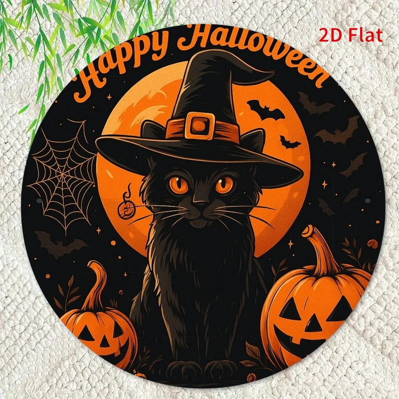 CIFBUY Vintage American Style Round Aluminum Wall Art Waterproof Durable 2D Printed Black Cat Pumpkin Sign for Porch Bedroom Cab