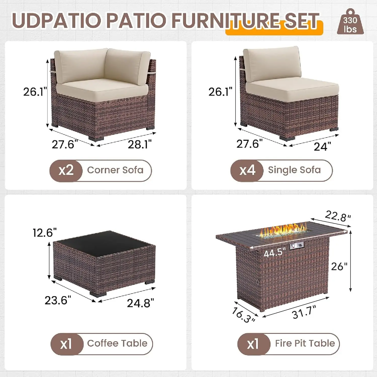 Outdoor Sectional Sofa 8 PCS w/ 44'' Fire Pit Table, Slanted Back PE Rattan for Porch Patio w/ Coffee Table, Customized