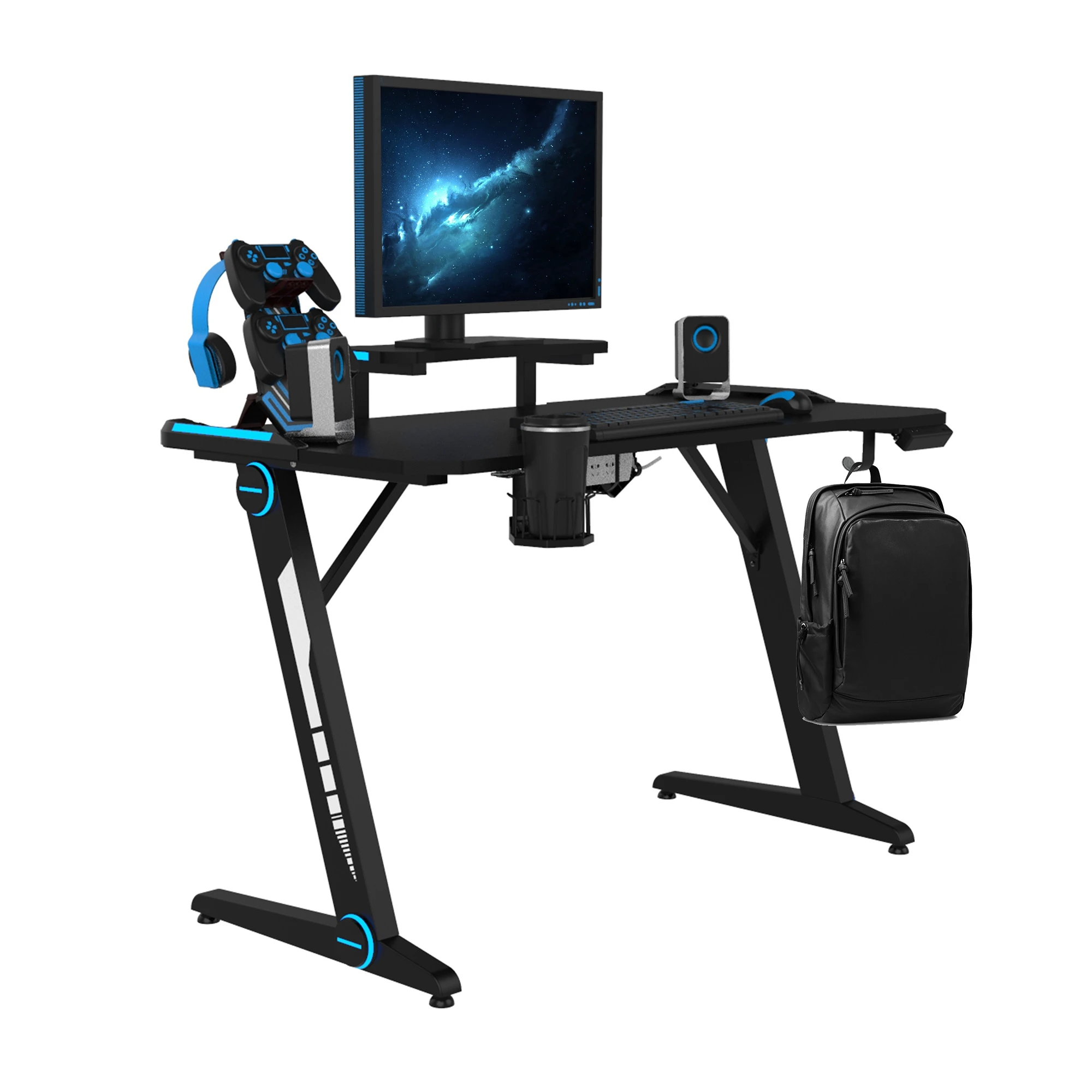 Gaming Desk, Z-Shaped Computer Desk Gamer Workstation with Monitor Stand & Carbon Fiber Surface, Gamer Table with RGB Lights