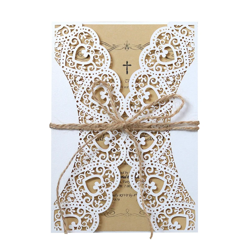 50pcs Heart Invitation Card With Envelope Hemp Rope Personalized Wedding Birthday Baptism Party Invtiations Supplies Decoration