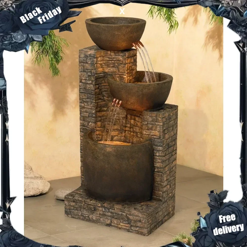 

Mason Rustic Outdoor Floor Water Fountain 35" High with LED Light Cascading Three Bowls for Garden Patio Backyard Deck Home