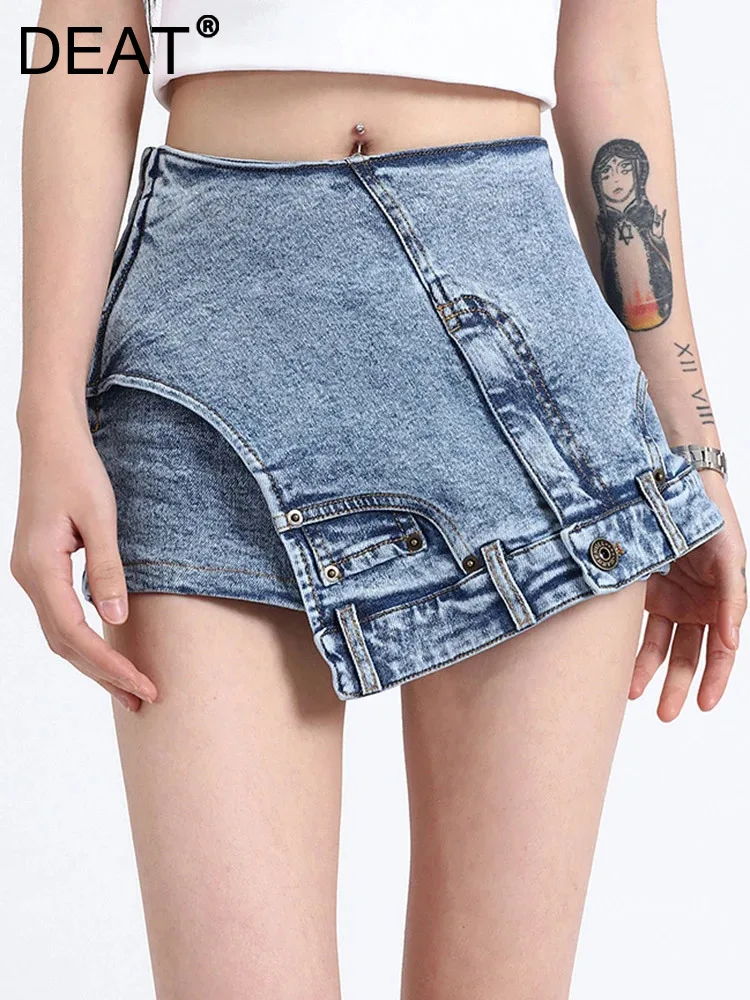 

DEAT Fashion Women's Denim Shorts High Waist A-line Patchwork Asymmetric Side Zipper Mini Skirts Autumn 2024 New Tide 17A5259