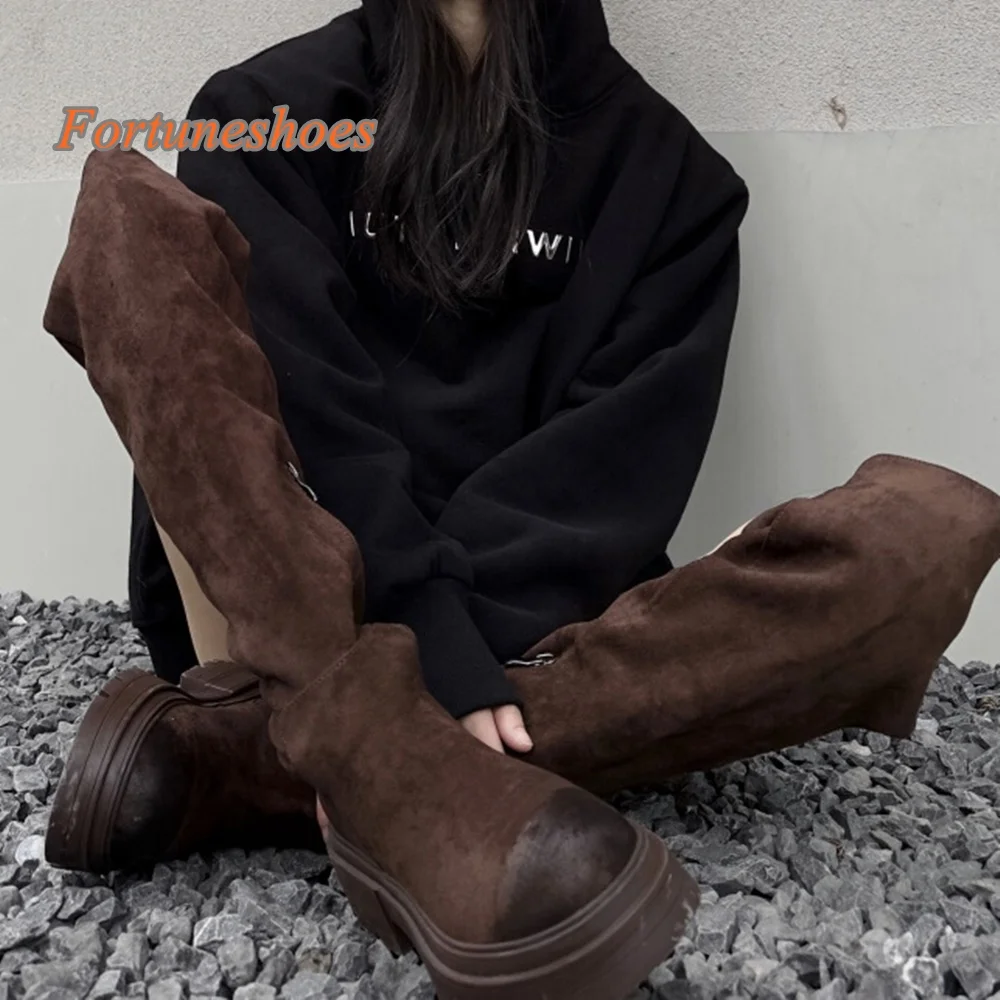 

Pleated Belt Buckle Round Toe Boots Over The Knee Chunky Heel Black Side Zipper Boots 2025 Newest Fashion Casual Autumn Boots