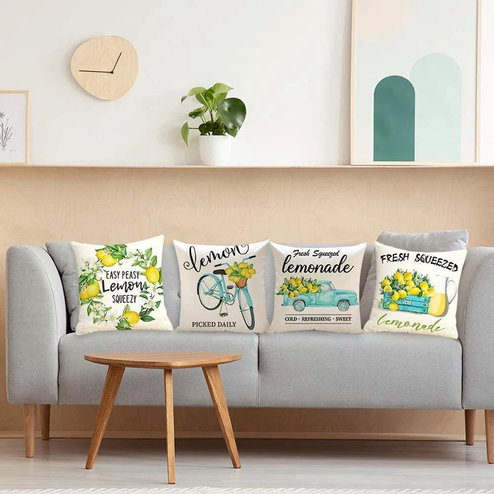 L65A-Summer Lemon Pillow Covers 18X18 Inches Set Of 4, For Sofa Decorative,Farmhouse Throw Pillow Covers For Home Decor