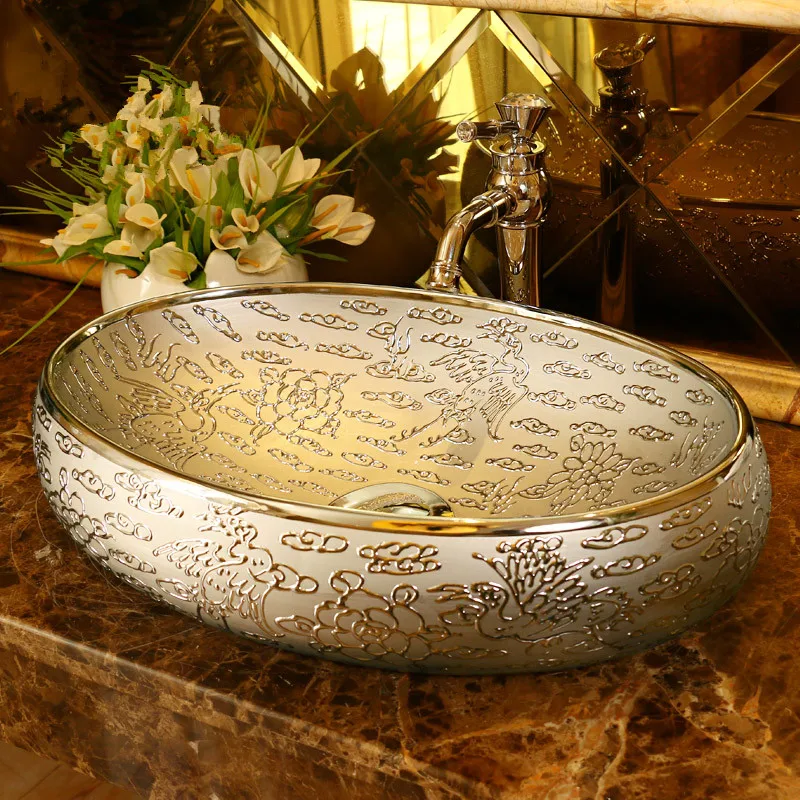 

Oval Silver Artistic Europe Style Counter Top porcelain lavabo sink engrave ceramic wash basin bathroom sink