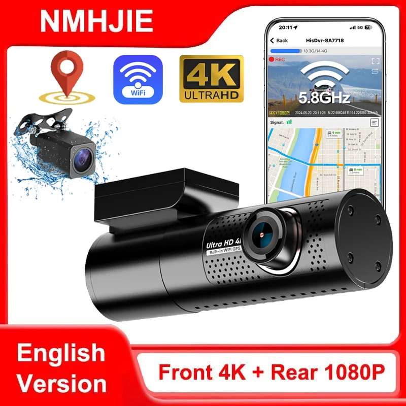 

WIFI Dash Cam 4K UHD for Car Camera Front Rear Dual Lens Built In GPS 24h Parking Mode Night Vision Car DVR Video Registrator