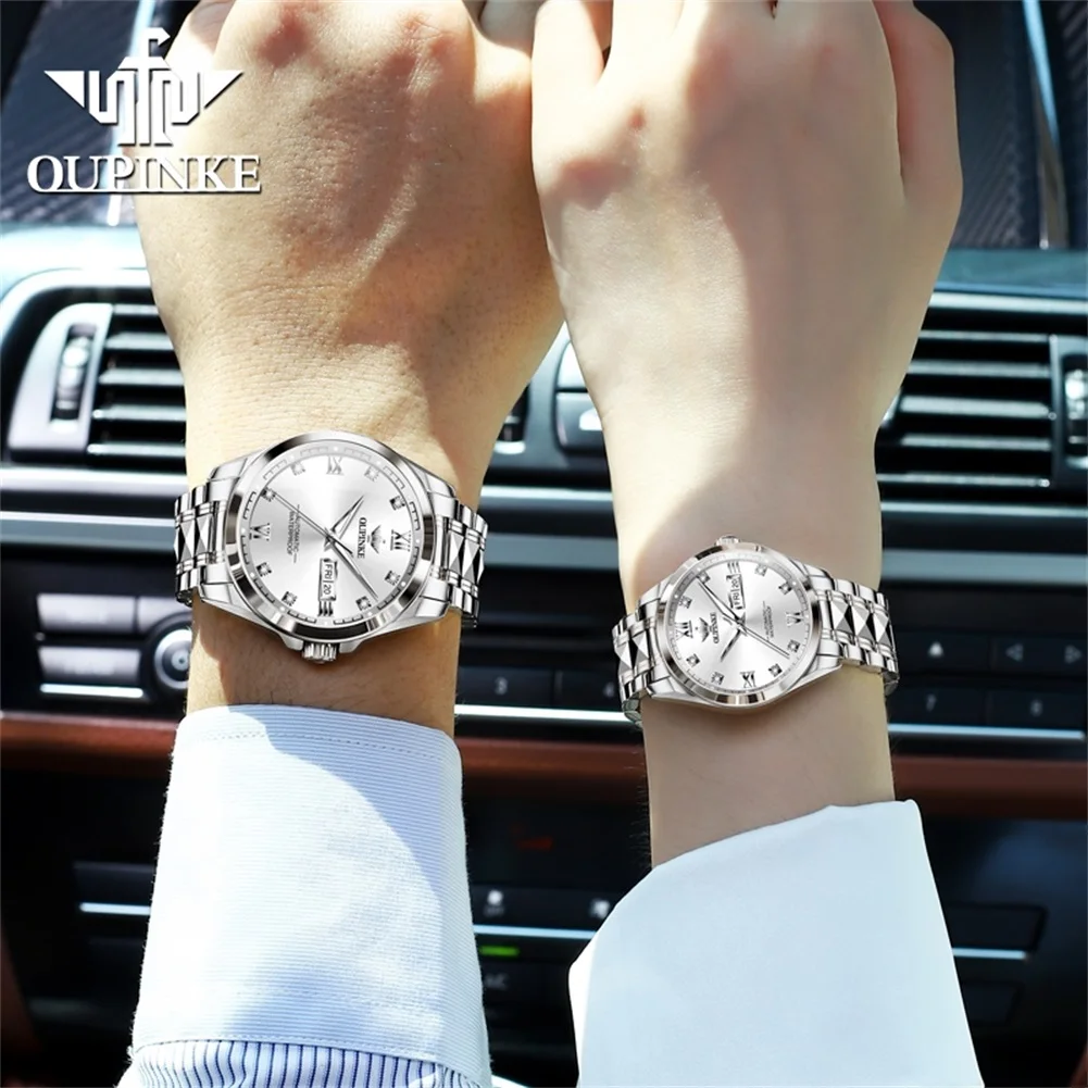 OUPINKE 3262 ساعة ميكانيكية للأعمال للزوجين فاخرة أصلية بتقويم مزدوج مقاومة للماء ساعة يد ماسية بمقياس ماسي ساعة مضيئة