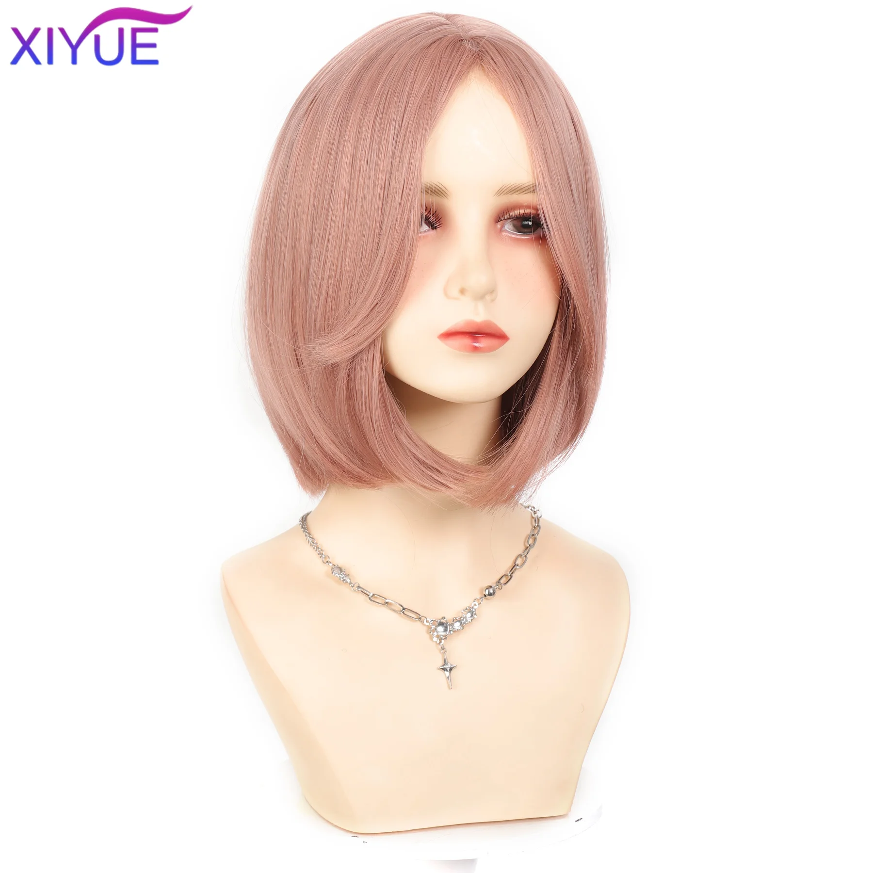 XIYUE 금발 핑크 옴브레 합성 가발 여성용 짧은 스트레이트 밥 가발 중간 부분 로리타 코스프레 천연 헤어 내열성
