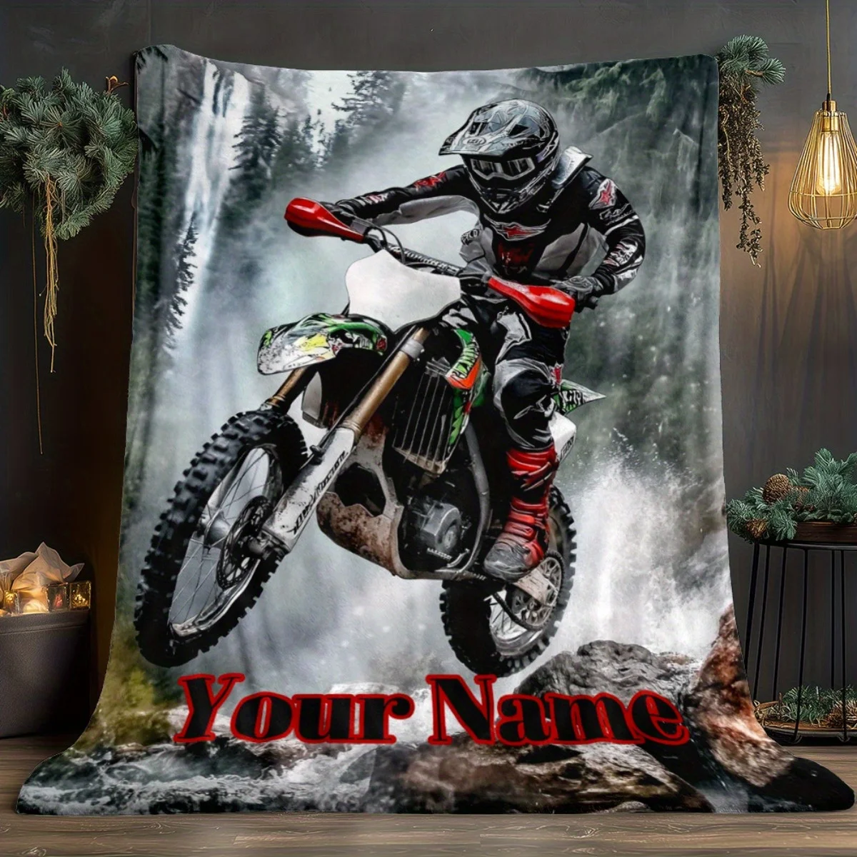 Custom Name Dirt Rider Blanket - Personalized MX Riding Action Design with Dirt & Rider - Soft Warm Flannel Fabric All-Season