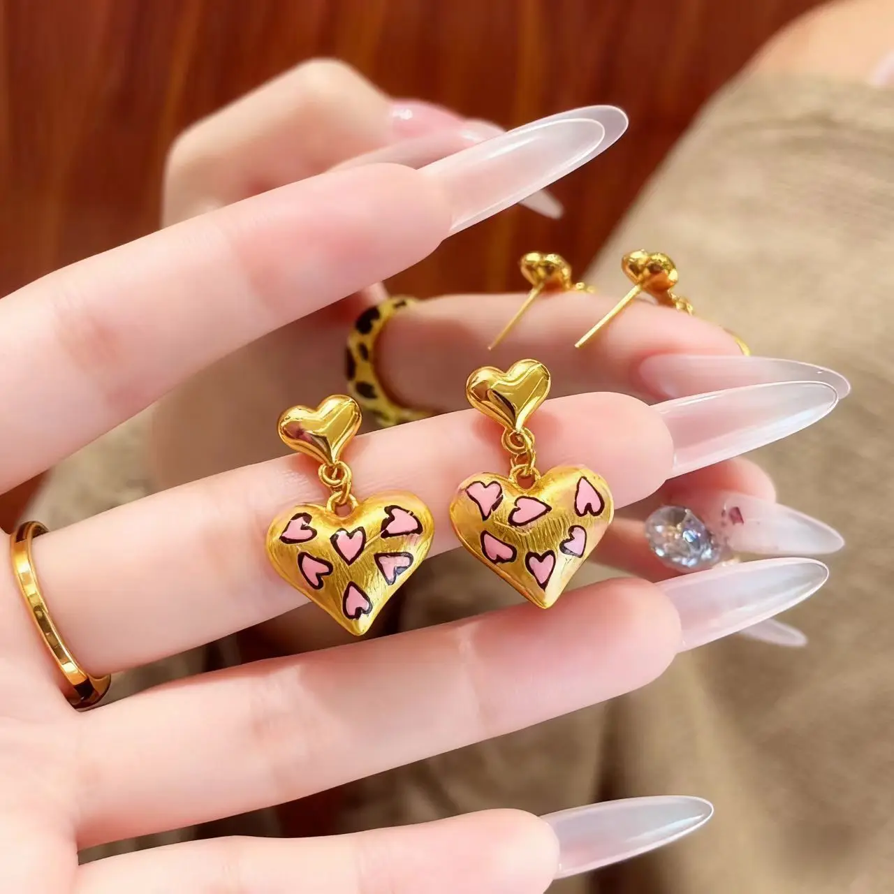 Fine 18 K Gold Color Love Heart Shape Stud Earring for Women Wedding Birthday Leopard Print Earrings Not Fade Jewelry Gifts