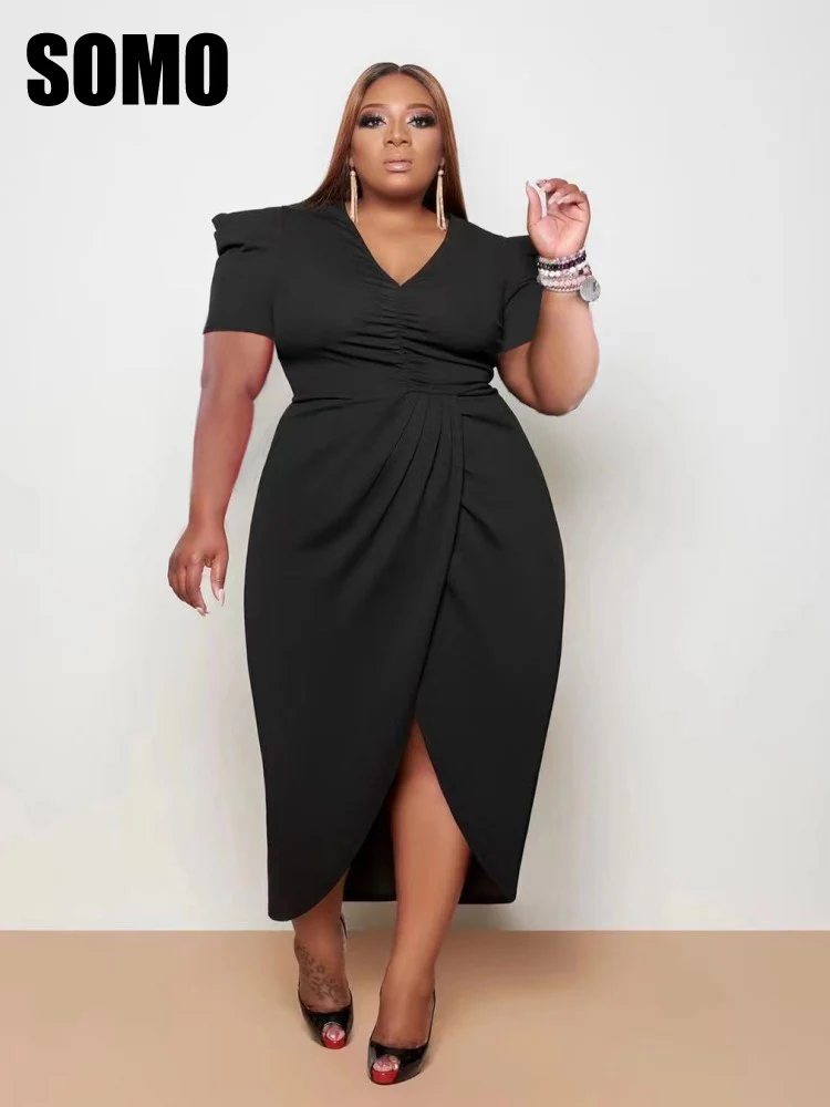 

SOMO Plus Size Summer Dress Women Polyester V-Neck Short Sleeve Solid Color Sweet Long Irregular Dress Wholesale Dropshipping
