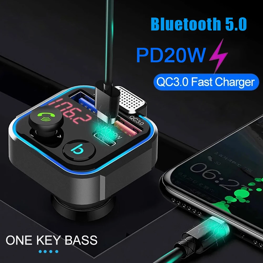 Car Bluetooth-compatible 5.0 FM Transmitter One Key Bass Mp3 Player Large Microphone USB Music Play QC3.0 PD20W Quick Charger