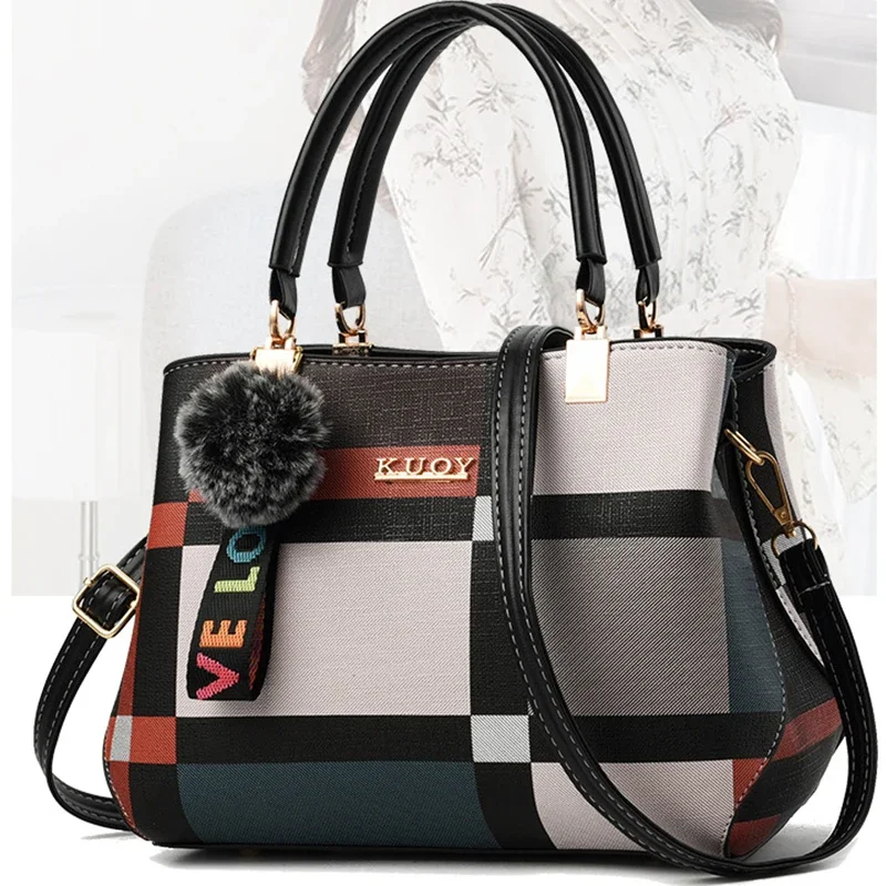 

Luxury Plaid Handbag Women Hairball PU Leather Shoulder Bag Large Capacity Crossbody Bag Brand Handle Bag Shopping Lady Tote sac