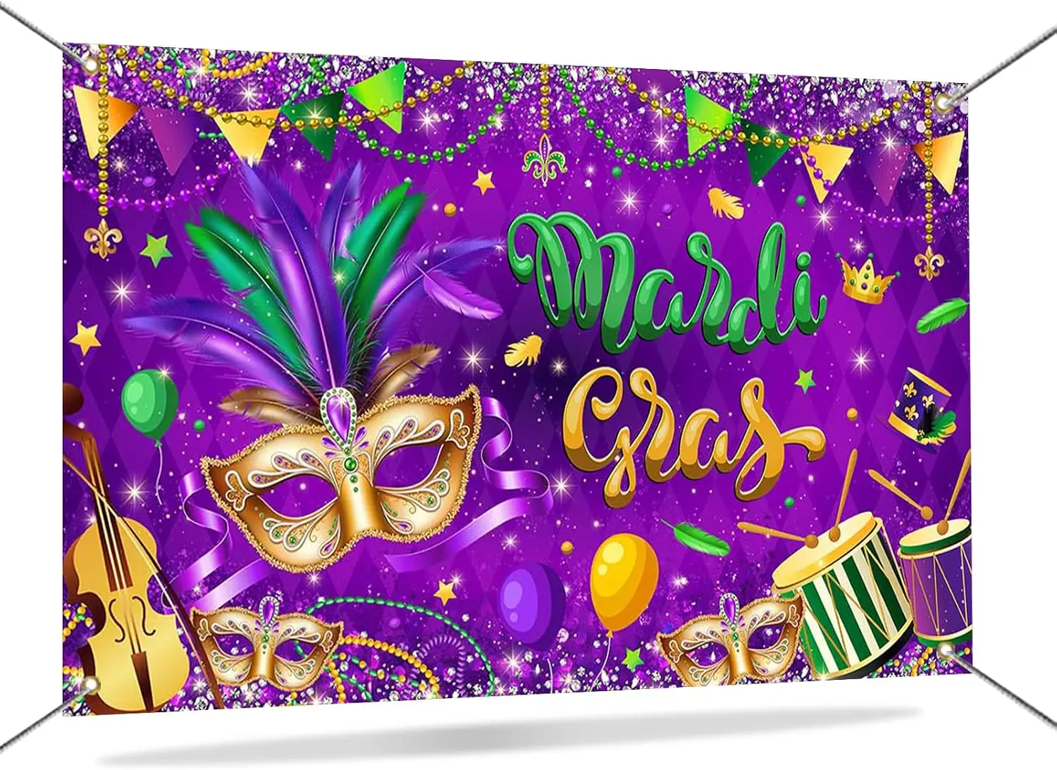 Mardi Gras Carnival Backdrop Banner, Purple Green Gold Fat Tuesday Masquerade Party Photo Booth Background Decor