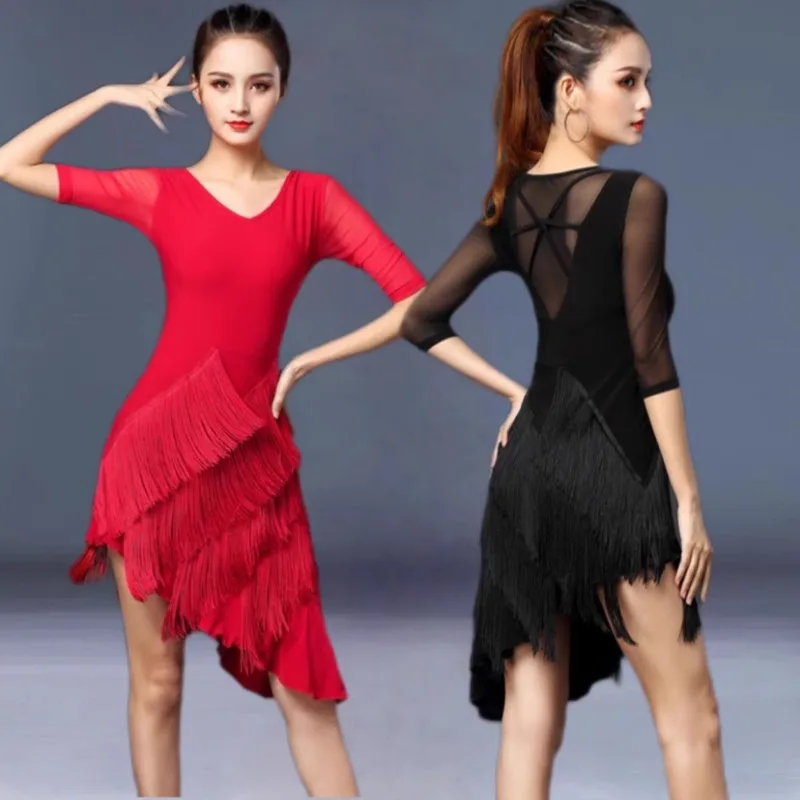 Latin dance dress for adult women, multi-layer tassel slim fit, ruffled edge training competition dress