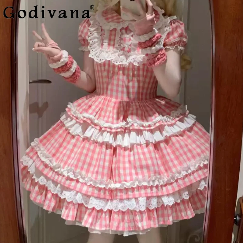 

Elegant Lolita Sweet Girl Plaid Short Sleeve Japanese Dress Fashion High Waist A-line Age Reduction Cake Princess Cos Dresses