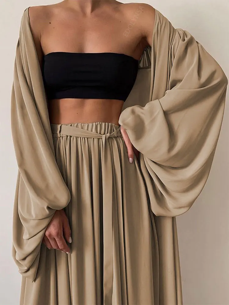 Sexy Solid Color Three-Piece Set 2023 Autumn Women Tube Top Beach Dress Crop Top Trousers Long Sleeve Cardigan 3 Piece Set A1642