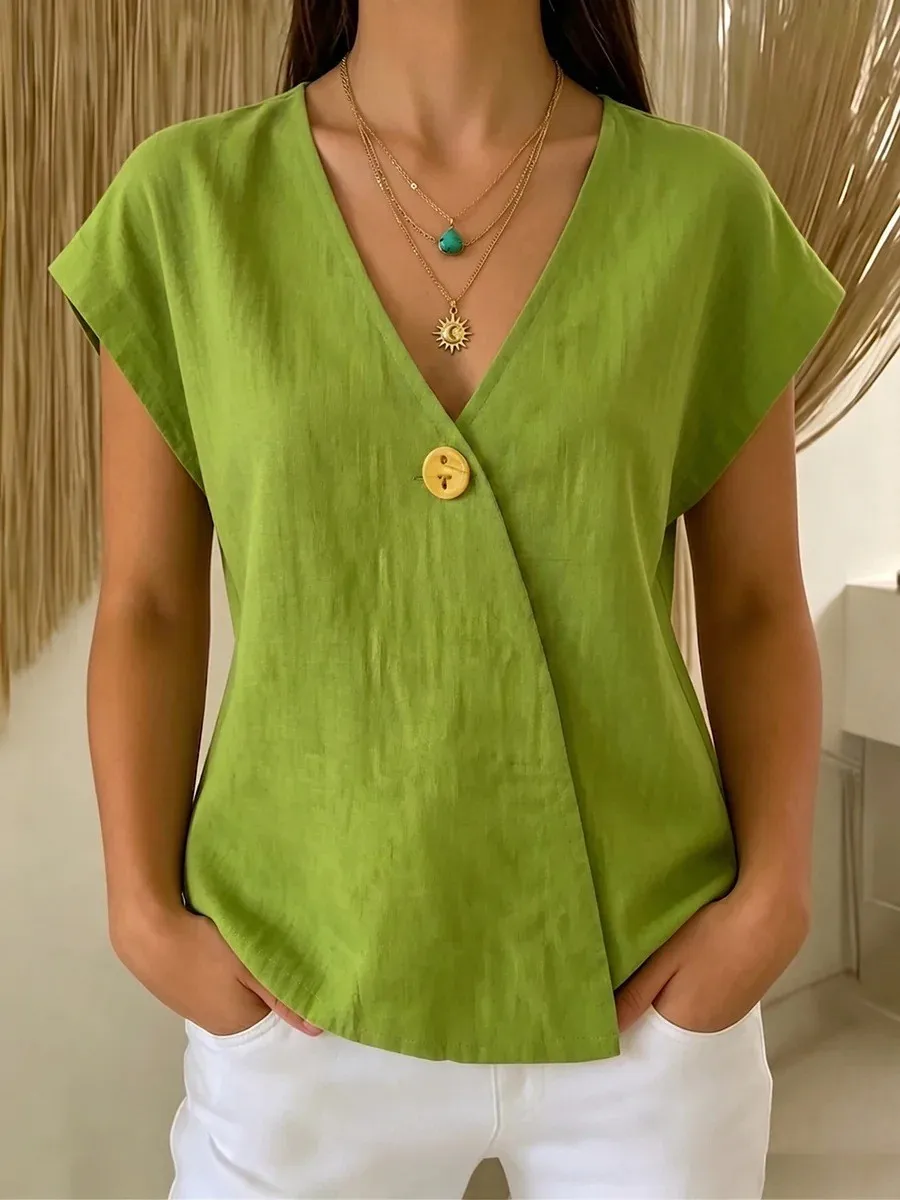 New 2026 Women's Summer Blouses Solid Color Fashion Short Sleeve V-Neck Button Cotton Linen Shirts Casual Loose Oversized Tops