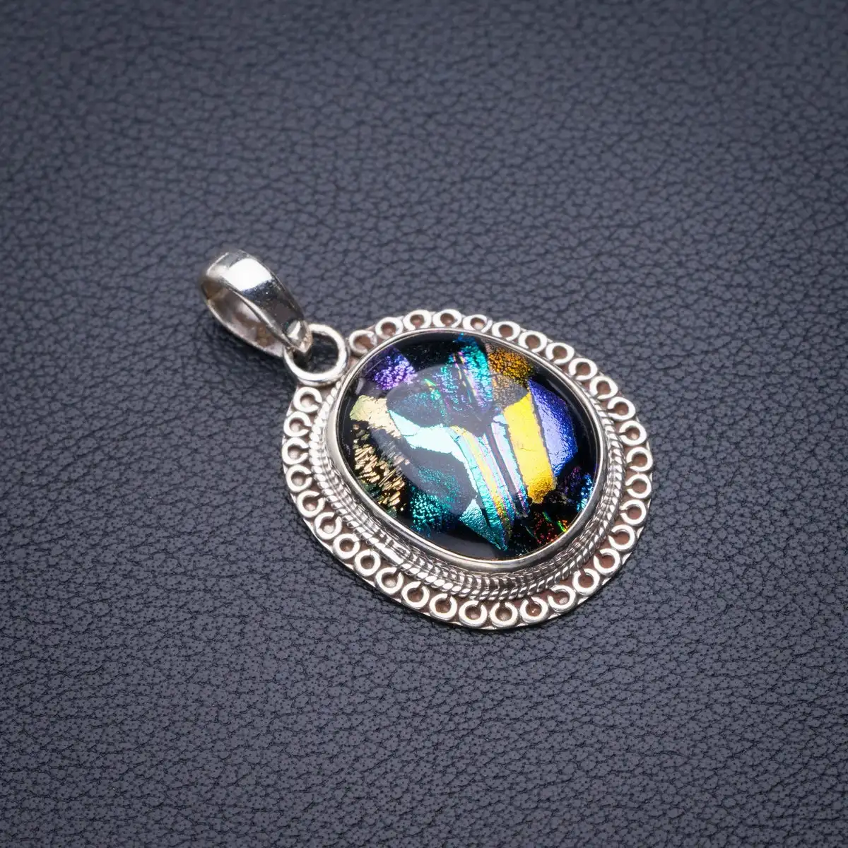 StarGems Natural Rainbow Dichroic Glass Handmade 925 Sterling Silver Pendant 1.5