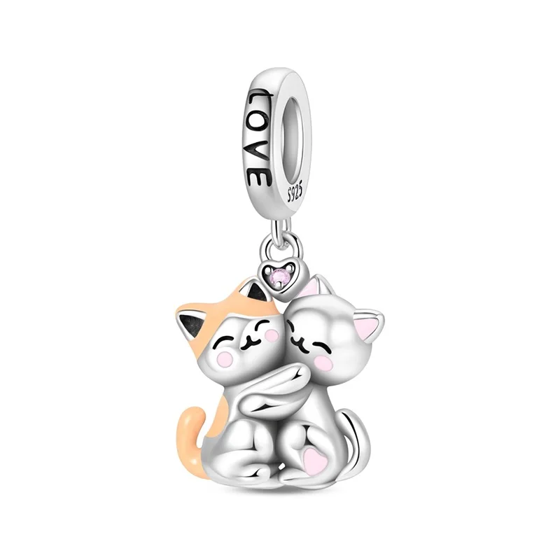 

925 Sterling Silver Cat Hug Charms Pendant For Women Fit Original Bracelet DIY Birthday Party Jewelry Gift