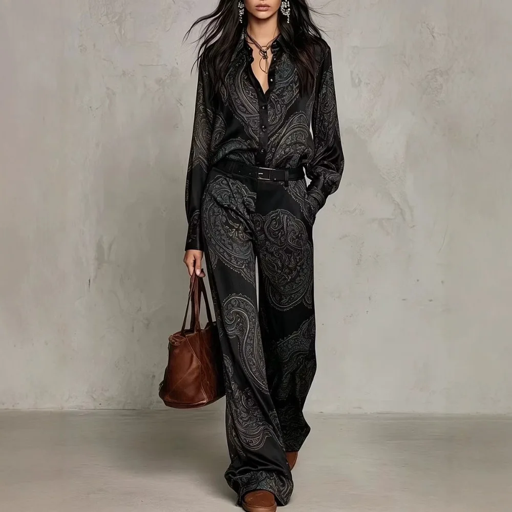 New Women's 2-piece Retro Paisley Print Lapel Long Sleeved Shirt, High Waist Wide Leg Pants, Casual Vacation Pocket Without Belt view 5