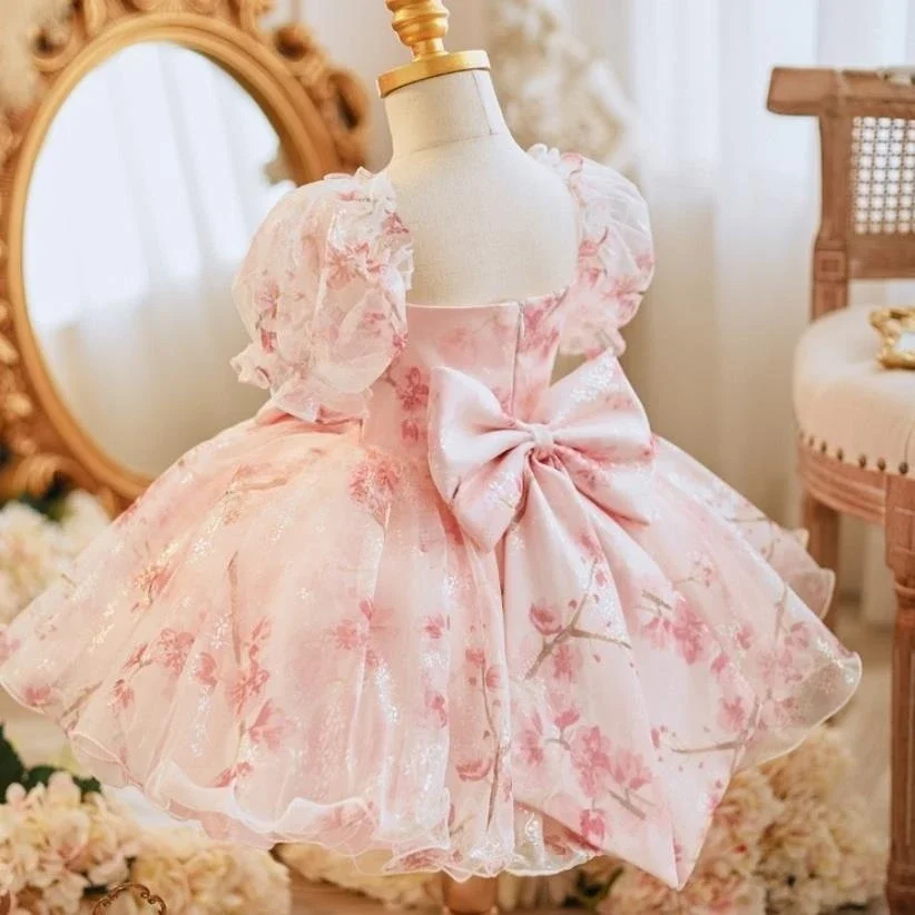 2024 Children's Evening Gown Bow Print Puff Sleeve Design Wedding Birthday Baptism Eid Performance Party Girls Dress