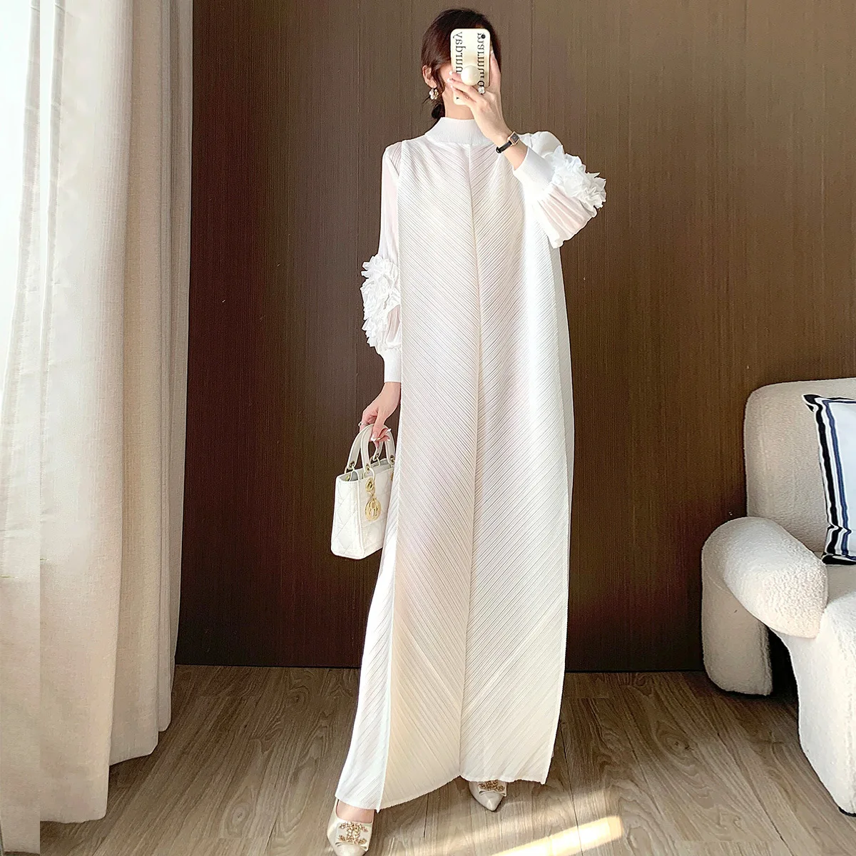 

Xiang u Mei Faion Pleated Long Dr Spring Autumn High Waist Knitted Polyester Thiened Long Sve f High Collar Dr