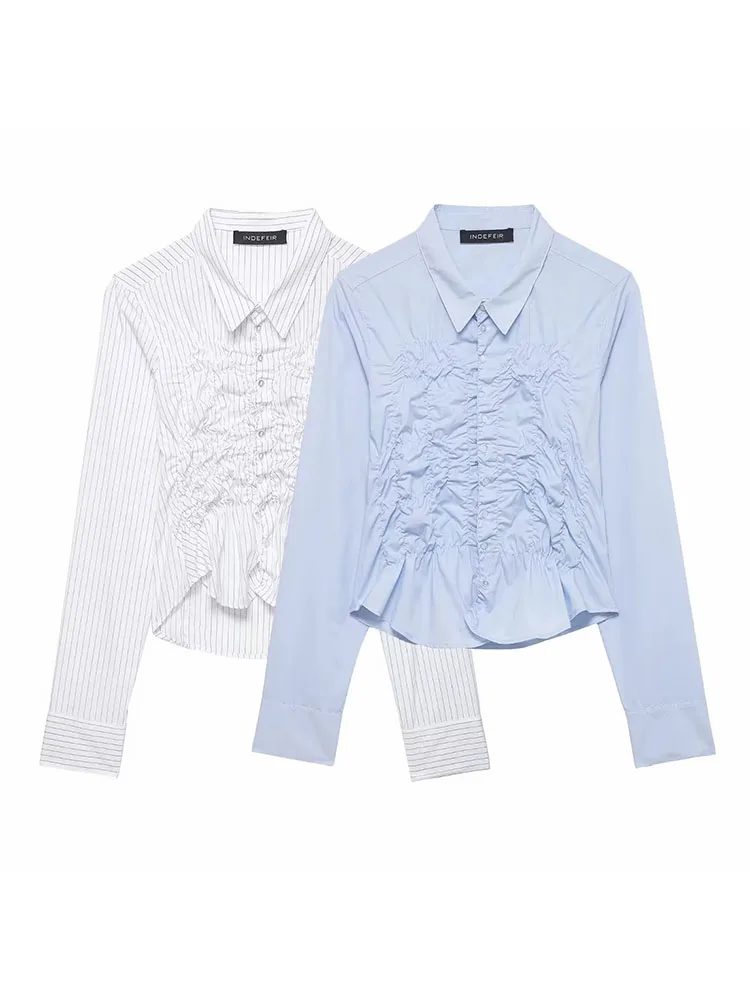 

Women Spring Fashion Fold Decoration Single-breasted Waist Blouse Female Turn-down Collar Long Sleeve Solid Short Female Shirt