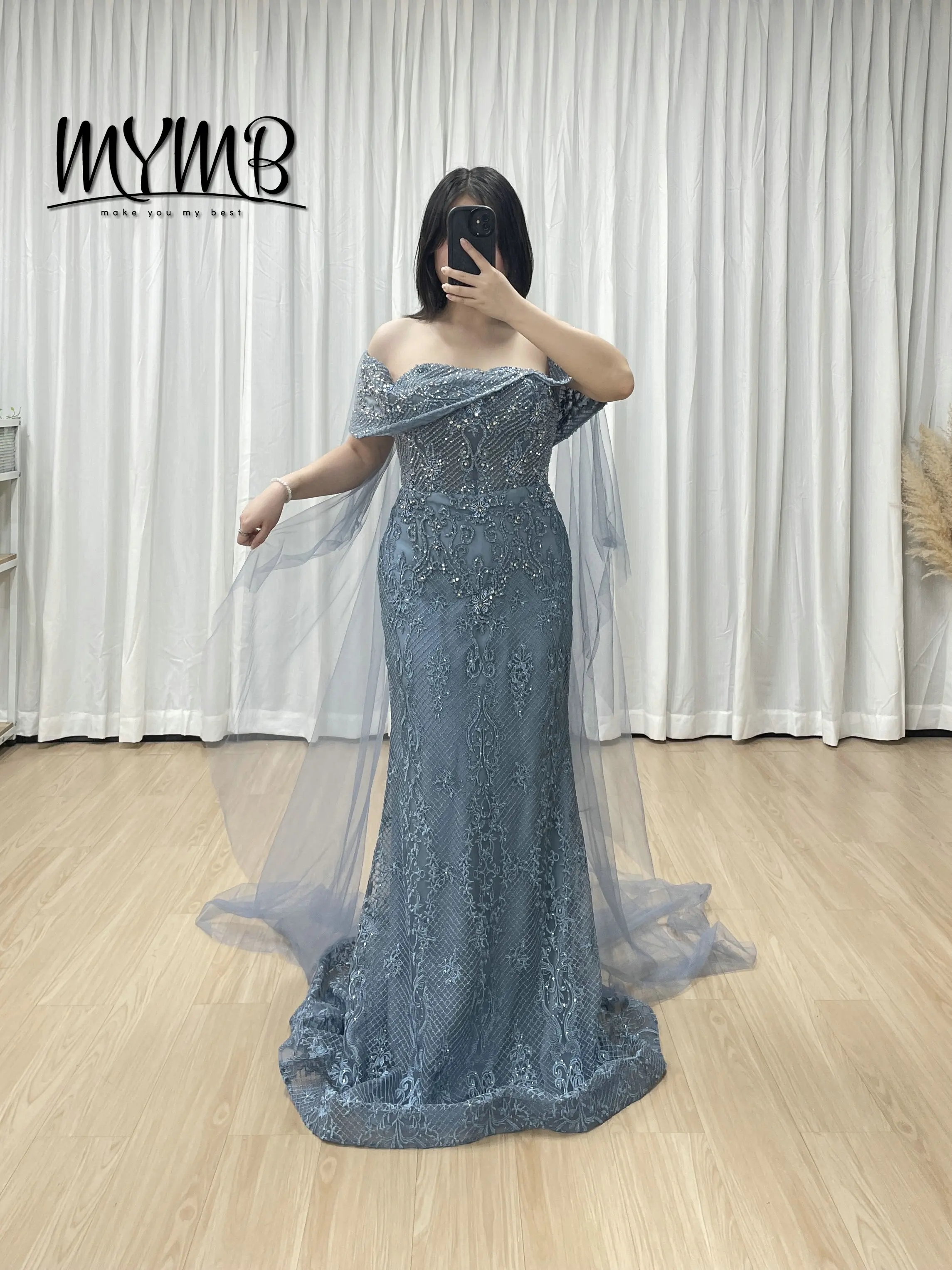 

MYMB Luxury Blue Mermaid Evening for Women Elegant Strapless Beaded Detail Classy Overskirt Formal Wedding Party Gowns MY30199